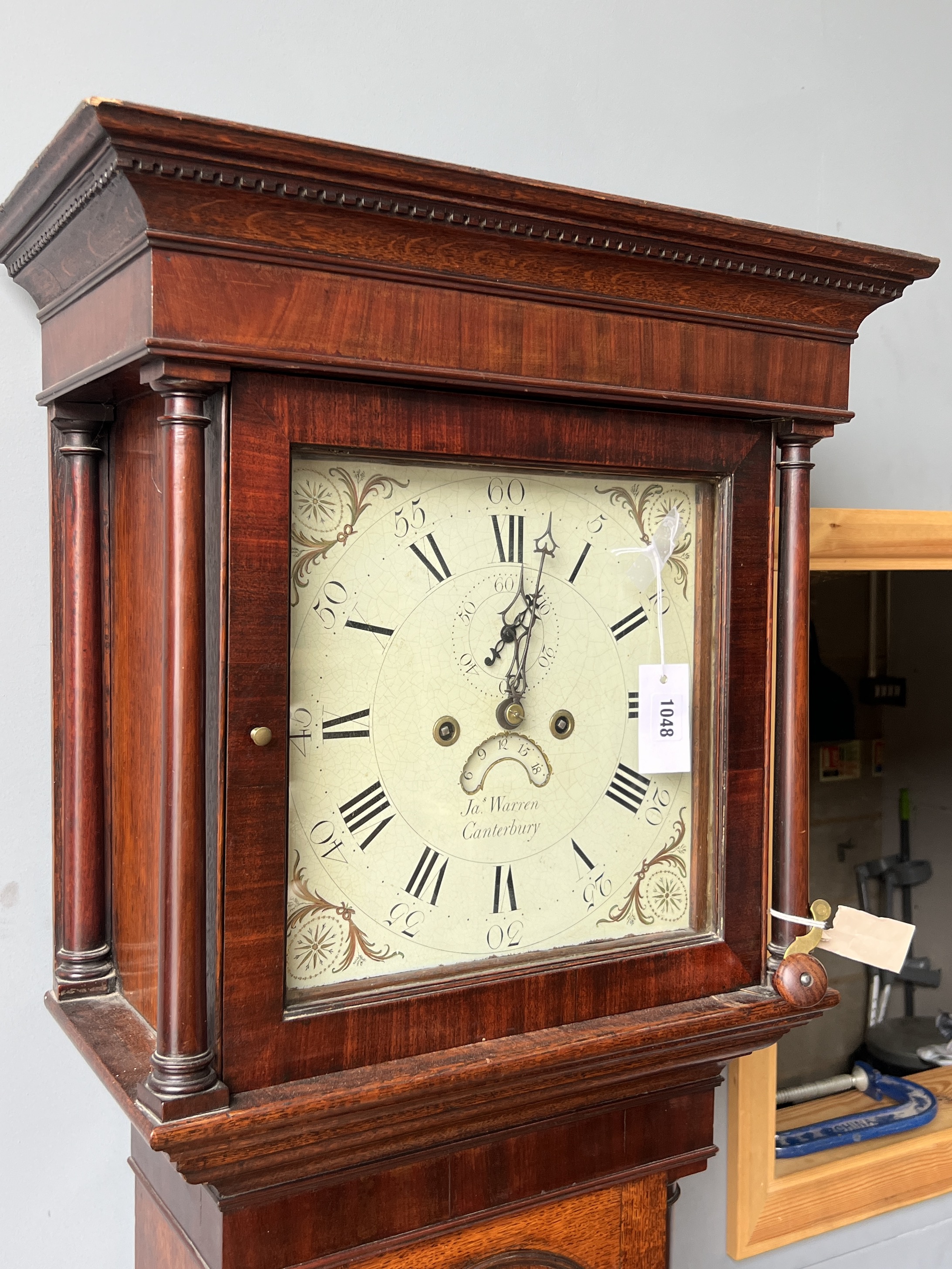An early 19th century mahogany banded oak eight day longcase clock, marked Warren, Canterbury, height 206cm